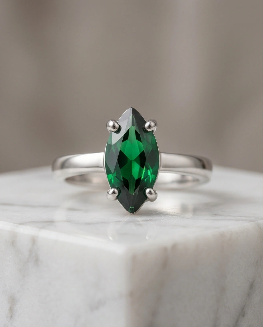 Sterling Silver Marquise-Cut Green Emerald Solitaire Ring