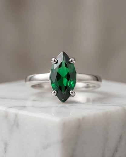 Sterling Silver Marquise-Cut Green Emerald Solitaire Ring