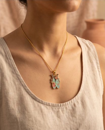 Gold Floral Cicada Enamel Chain Necklace