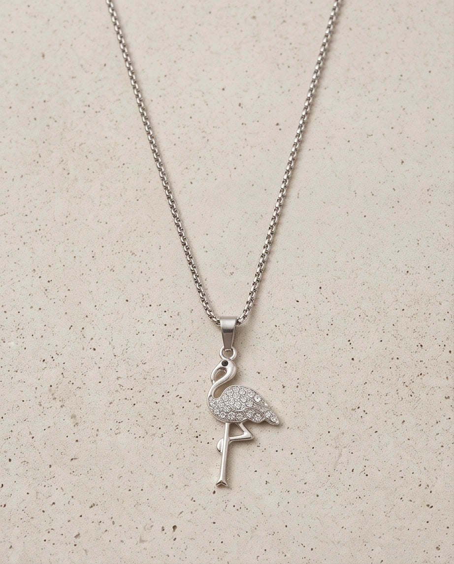 Silver Crystal Paved Flamingo Pendant Necklace