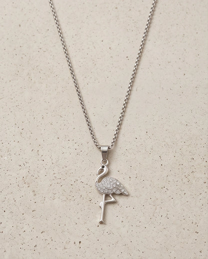 Silver Crystal Paved Flamingo Pendant Necklace