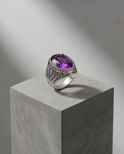 Violet Gemstone Beaded Frame Filigree Silver Ring