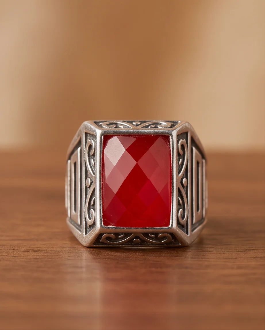 Scarlet Gemstone Filigree Bezel Rectangular Silver Ring