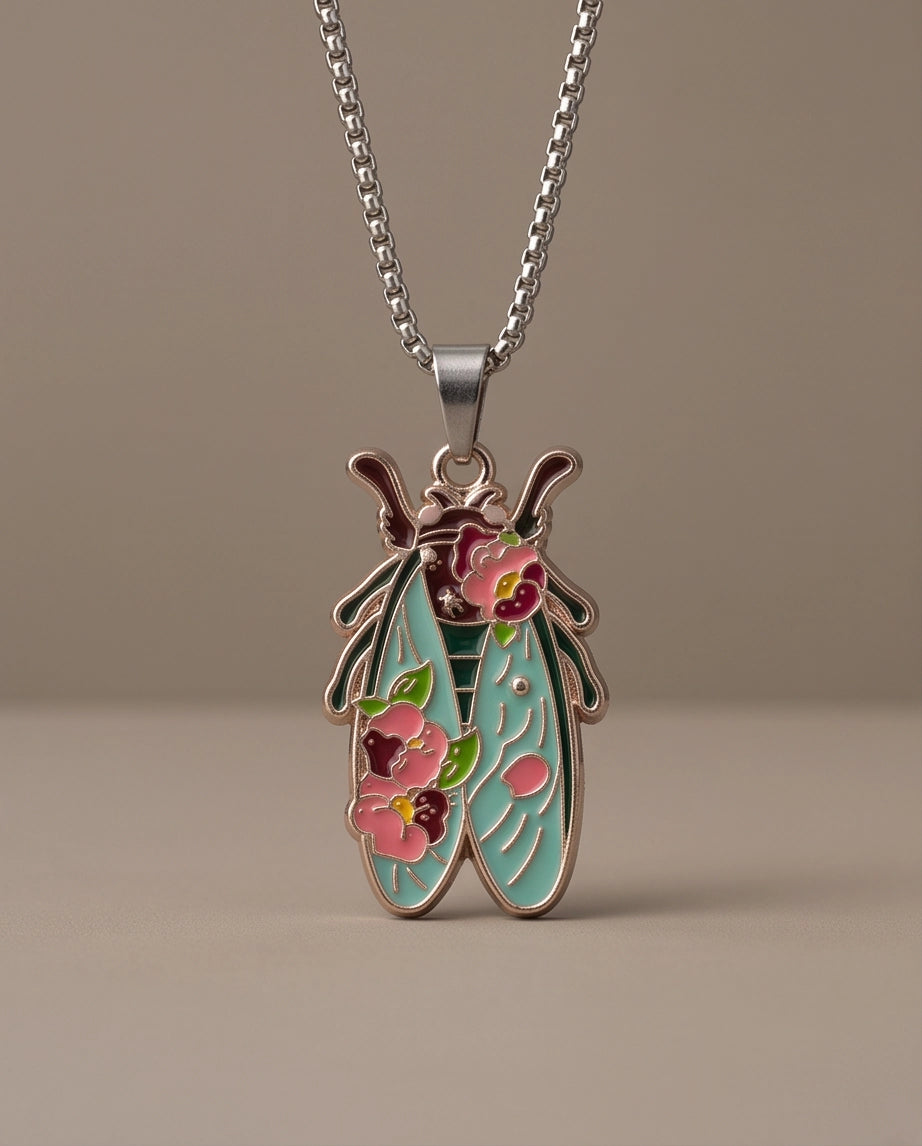 Gold Floral Cicada Enamel Chain Necklace