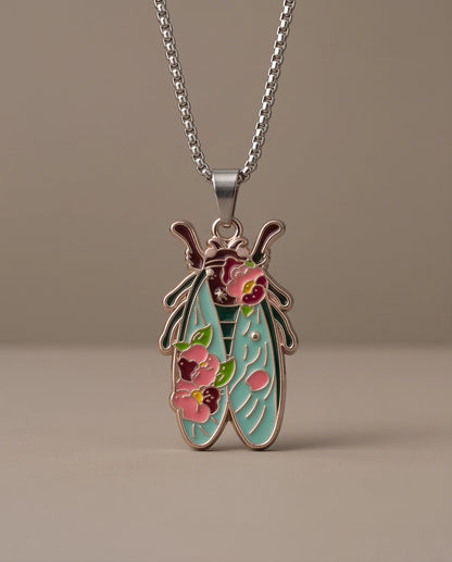 Gold Floral Cicada Enamel Chain Necklace