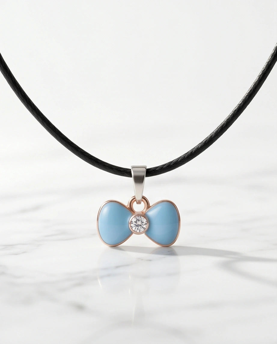 Gold and Pastel Blue Bow Ribbon Necklace