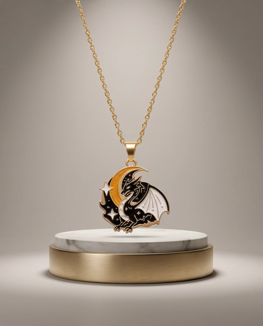 Gold Celestial Crescent Moon Dragon Enamel Pendant Necklace