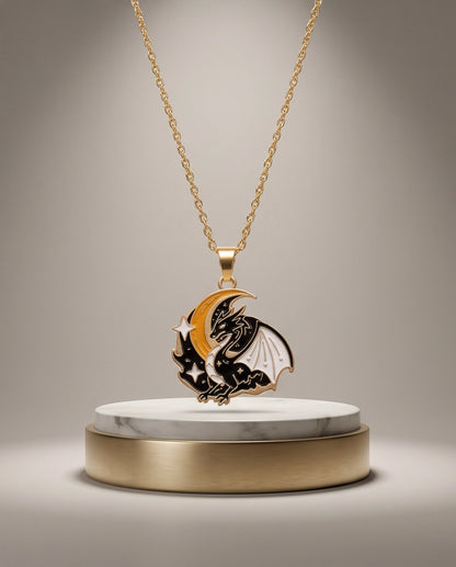 Gold Celestial Crescent Moon Dragon Enamel Pendant Necklace