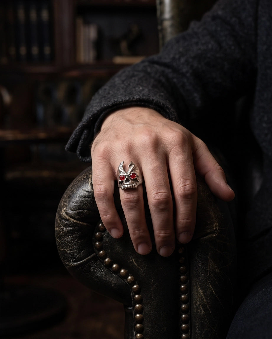Ruby-Eyed Gothic Horned Skull Silver Ring