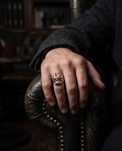 Ruby-Eyed Gothic Horned Skull Silver Ring