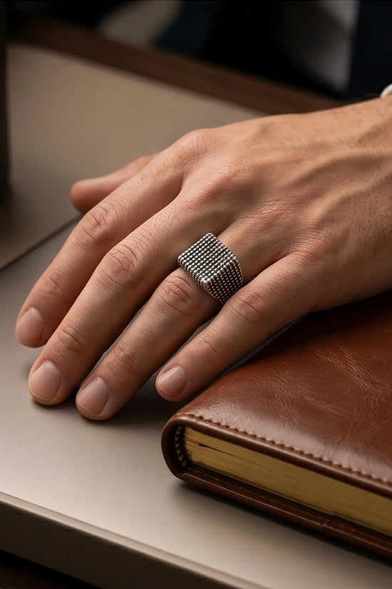 Vintage Sterling Silver Industrial Micro-Beaded Signet Ring