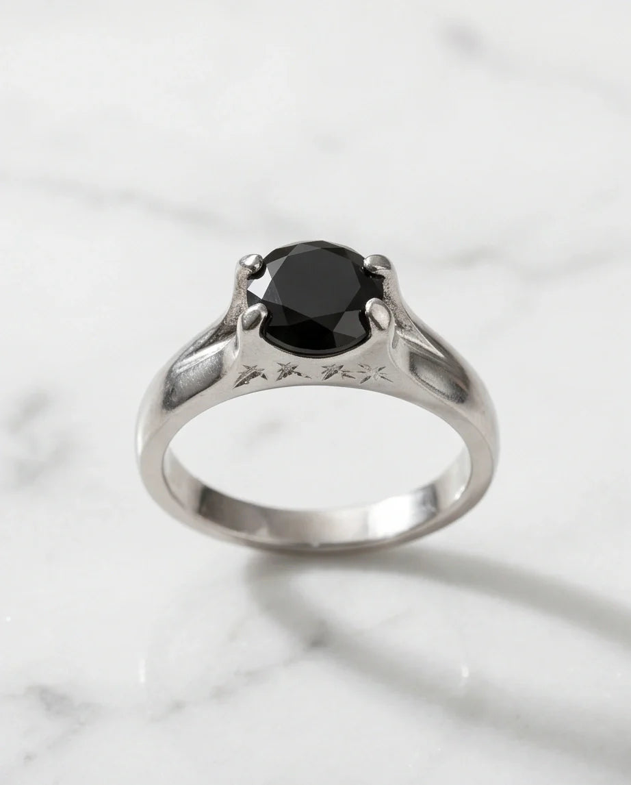 Sterling Silver Celestial Star Black Solitaire Ring