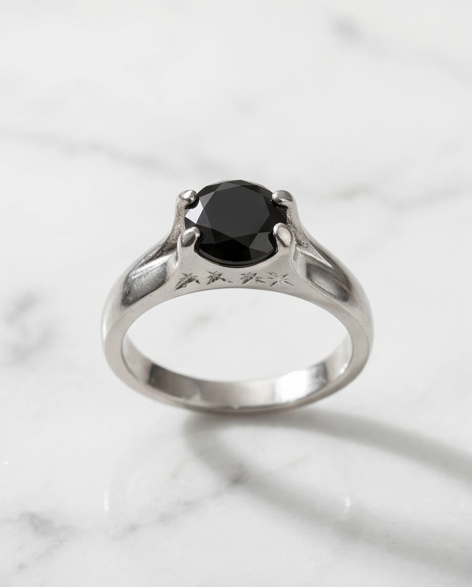 Sterling Silver Celestial Star Black Solitaire Ring