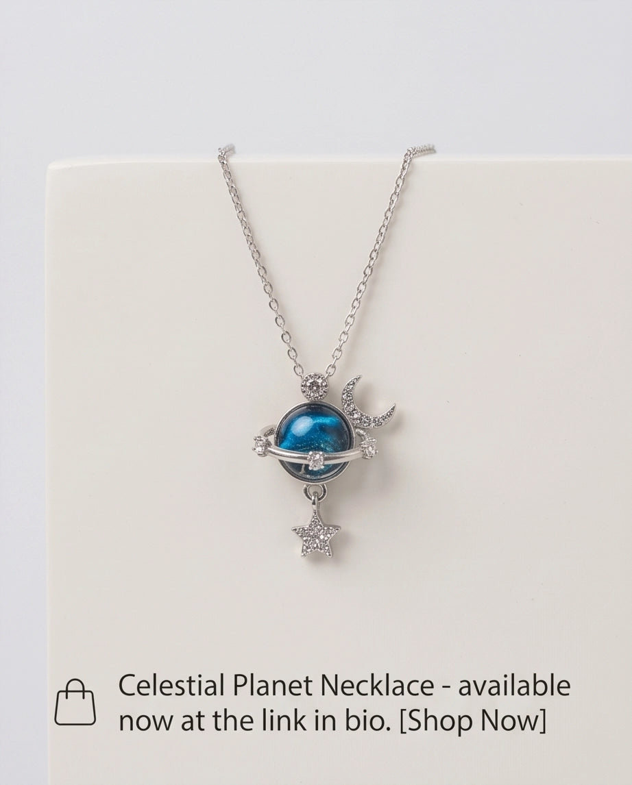 Silver Cosmic Planet Crescent Moon & Star Dangle Pendant Necklace