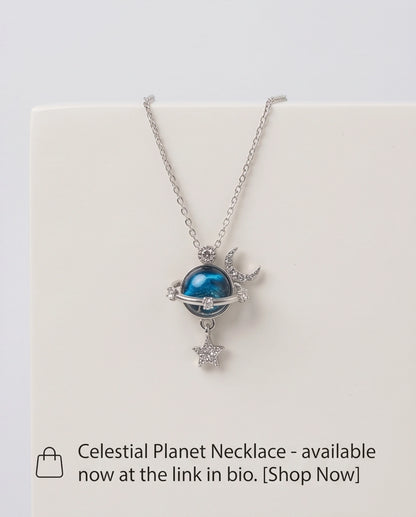 Silver Cosmic Planet Crescent Moon & Star Dangle Pendant Necklace