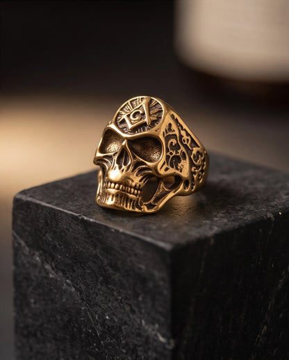 Masonic Square and Compass Anatomical Skull Gold Ring