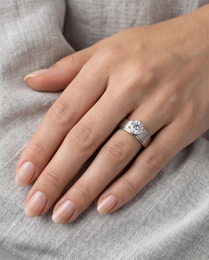 Silver Round Gemstone Brushed Solitaire Ring