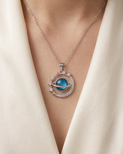 Silver Cosmic Galaxy Planet Crescent Pendant Necklace