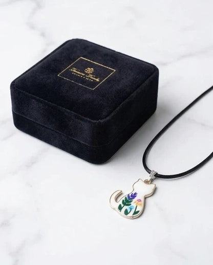 Artistic Floral Botanical Feline Silhouette Pendant Necklace