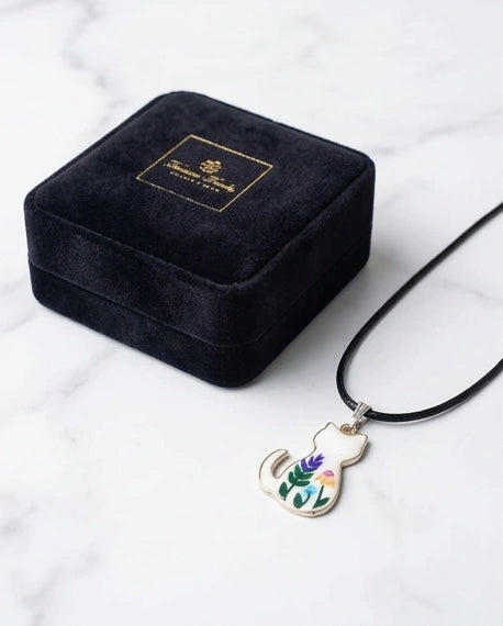 Artistic Floral Botanical Feline Silhouette Pendant Necklace