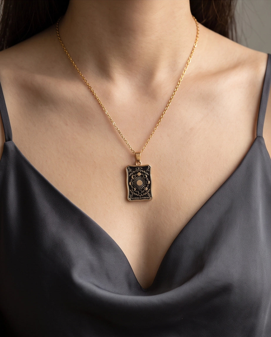 Gold "The Wheel of Fortune" Tarot Card Pendant Necklace