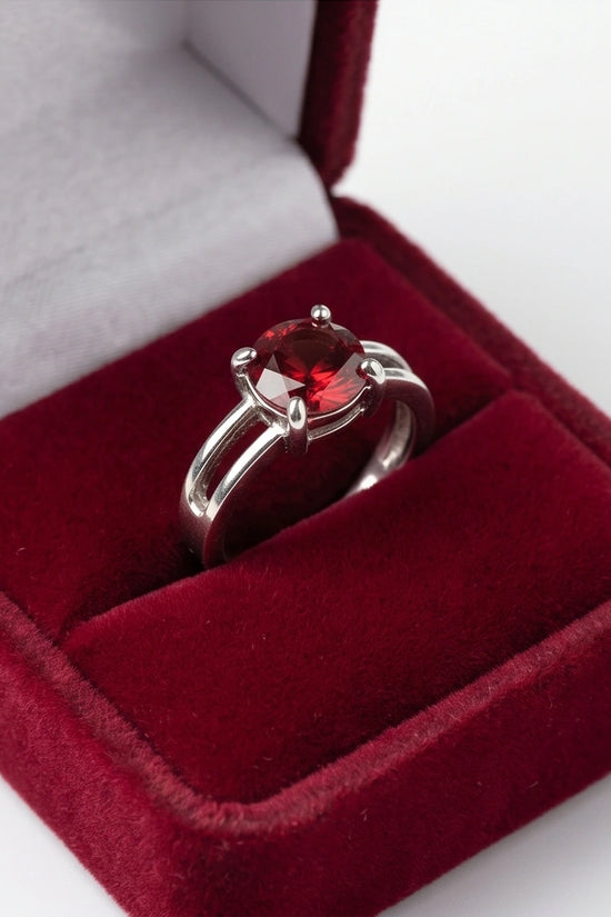 Sterling Silver Round-Cut Split Shank Garnet Red Solitaire Ring