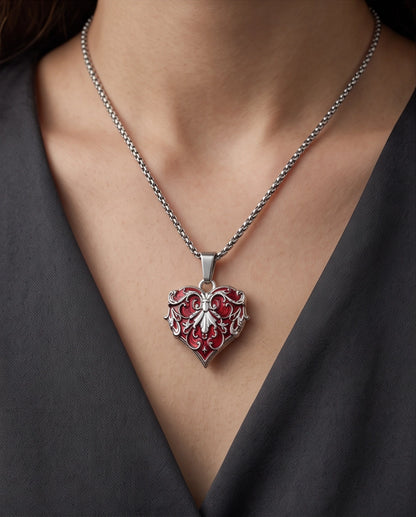 Silver Red Enamel Filigree Heart Pendant Necklace