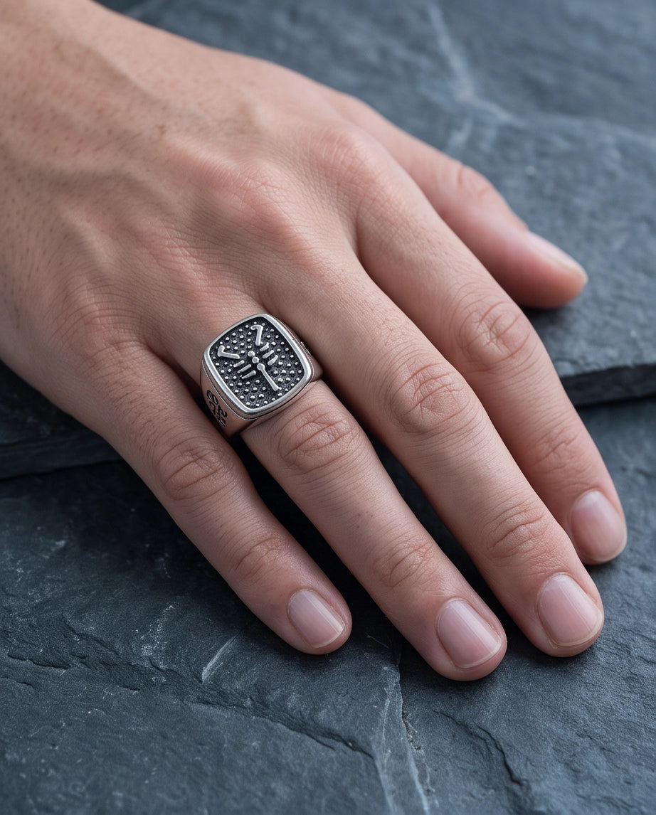 Arachnid Stippled Square Signet Silver Ring