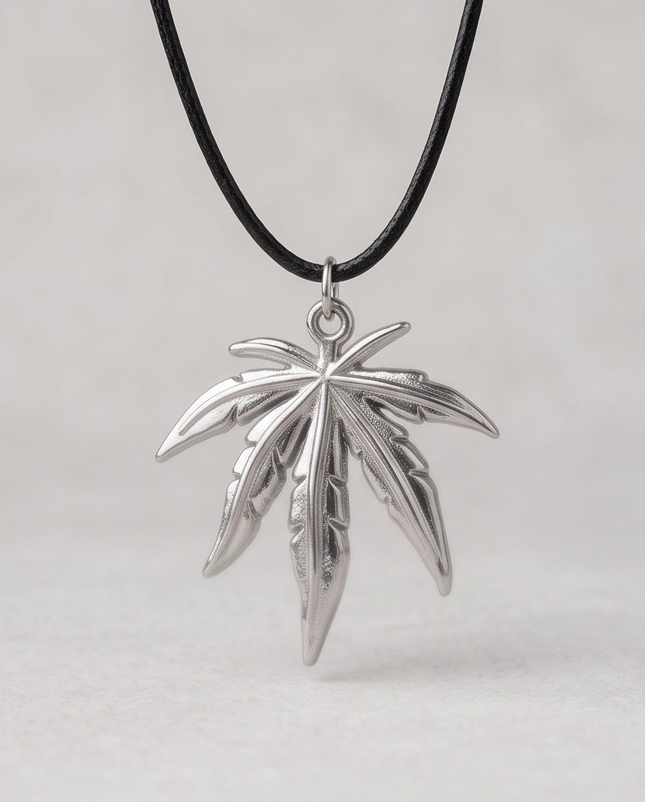 Silver Leaf Pendant Cord Necklace