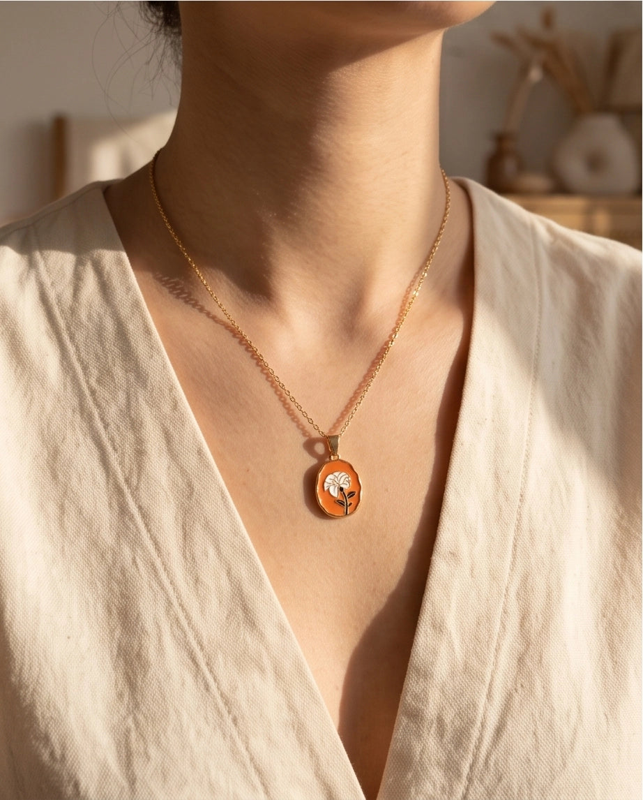 Gold Peach White Flower Enamel Medallion Chain Necklace