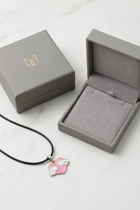 Pink Enamel Angel Winged Heart Pendant Necklace