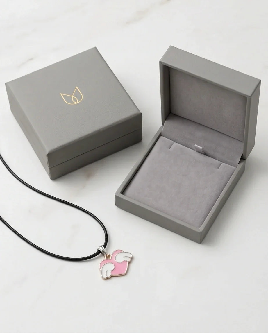 Pink Enamel Angel Winged Heart Pendant Necklace