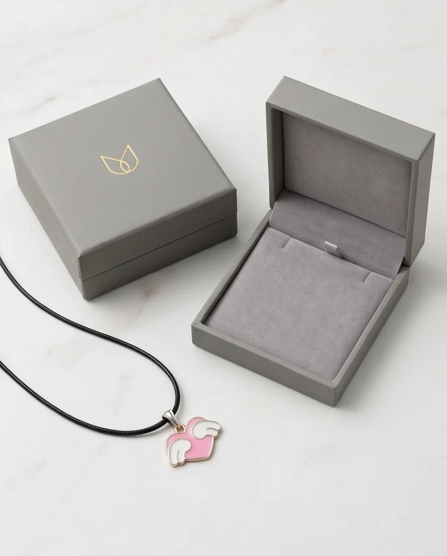 Pink Enamel Angel Winged Heart Pendant Necklace