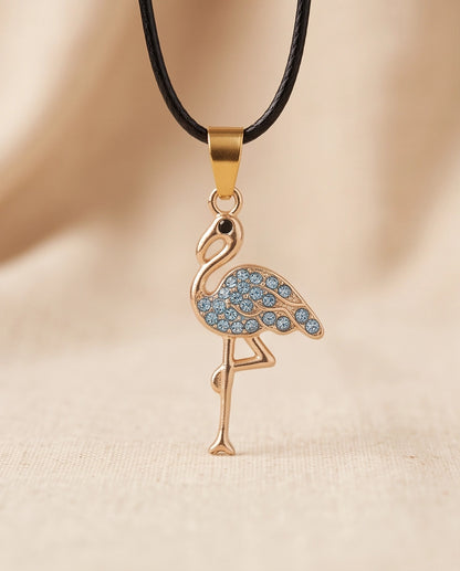 Gold Blue Crystal Paved Flamingo Pendant Necklace