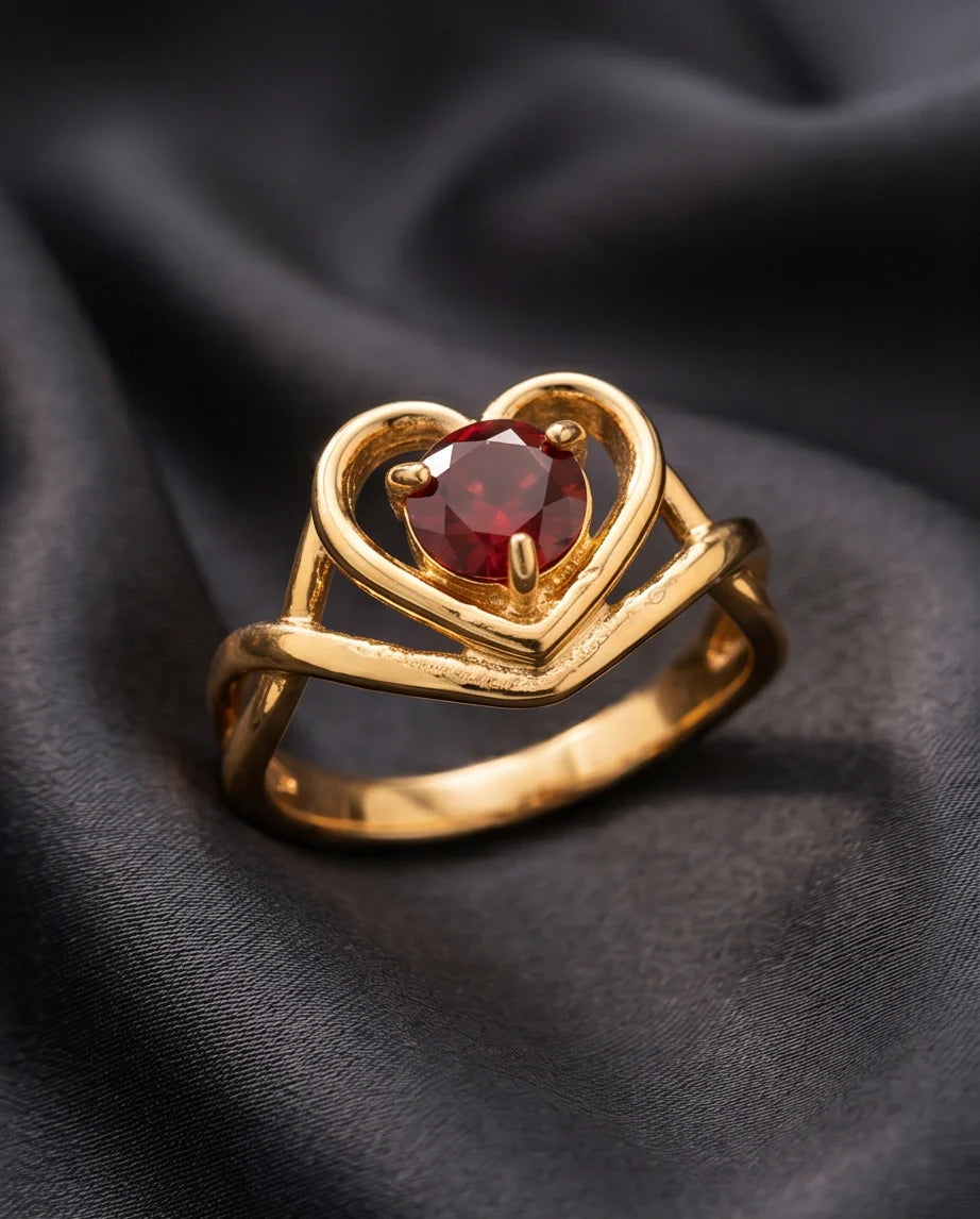 Gold Ruby Heart Openwork Statement Ring