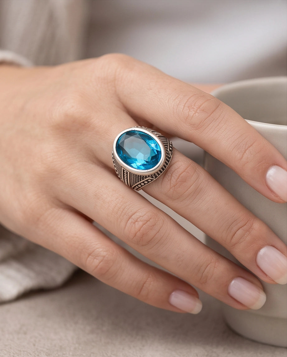 Aquamarine Gemstone Beaded Surround Chevron Stippled Silver Ring