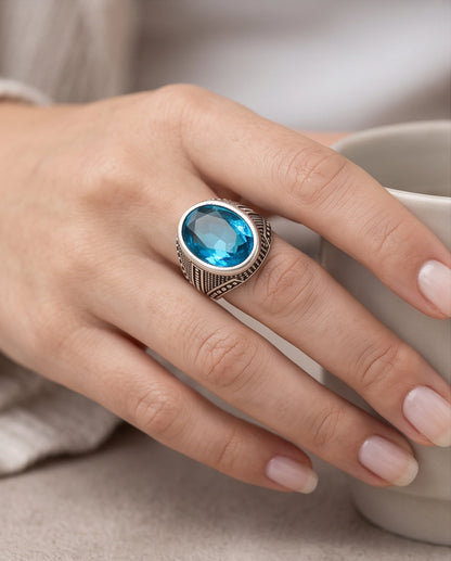Aquamarine Gemstone Beaded Surround Chevron Stippled Silver Ring