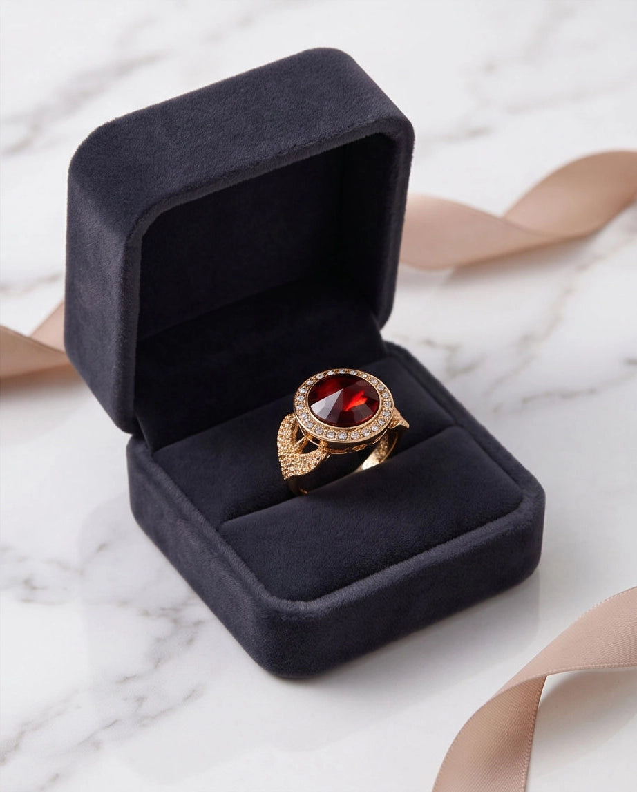 Gold Crimson Garnet Halo Vintage Ring