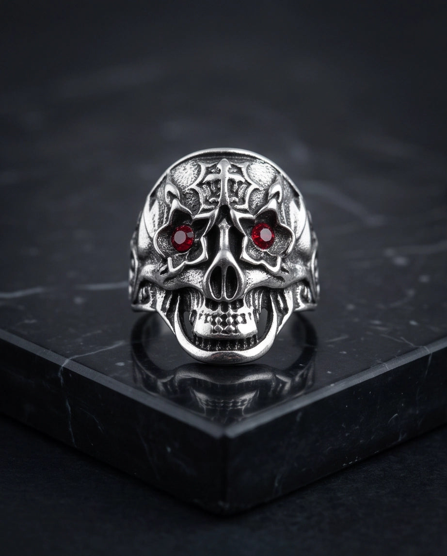 Ruby-Eyed Star-Eyed Gothic Cross Skull Silver Ring
