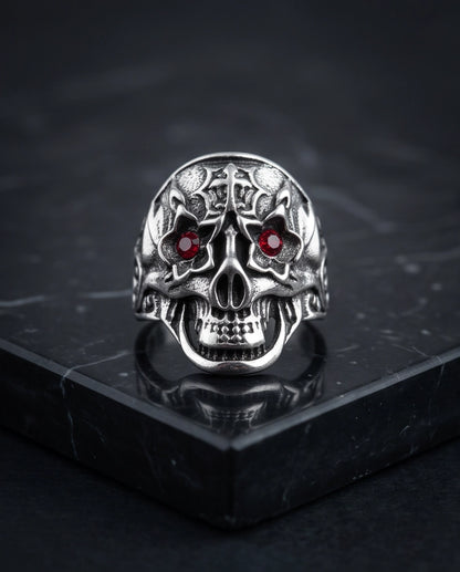 Ruby-Eyed Star-Eyed Gothic Cross Skull Silver Ring