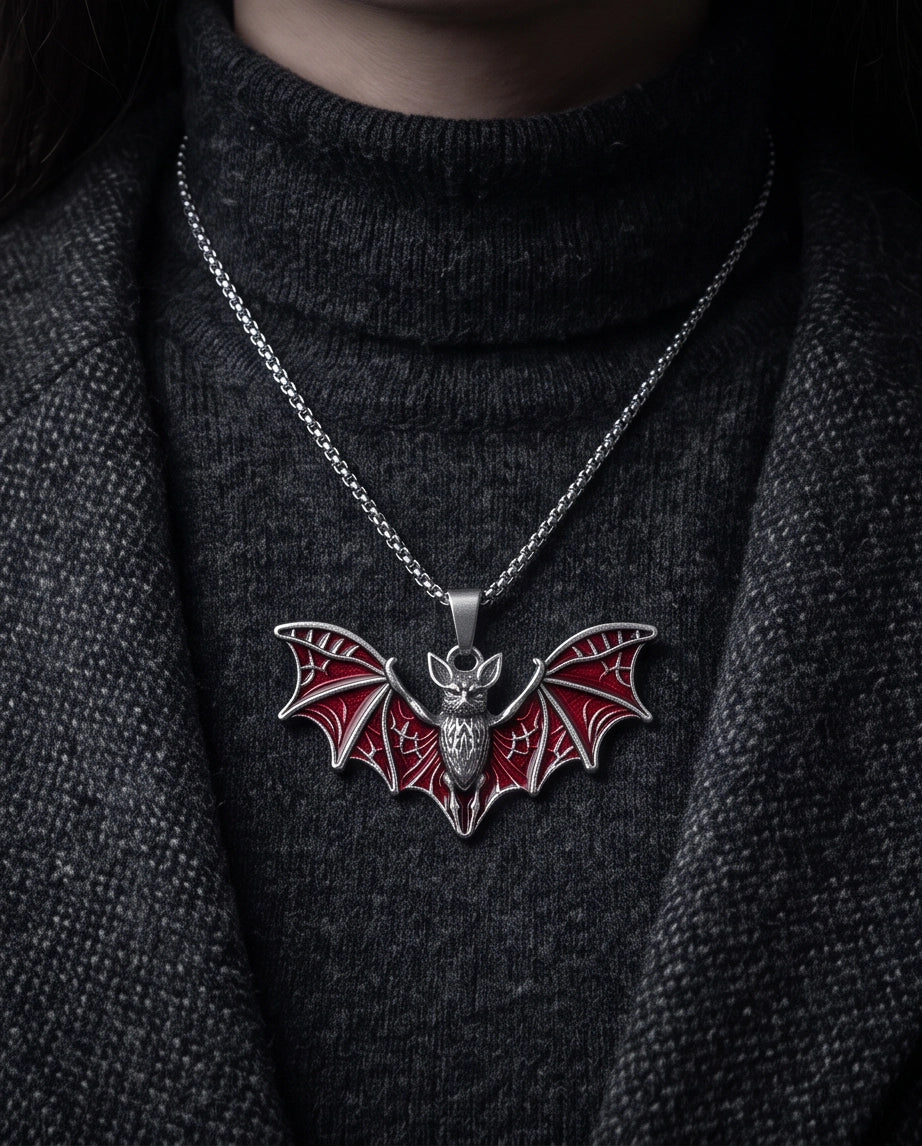 Silver Red Enamel Flying Bat Pendant Necklace