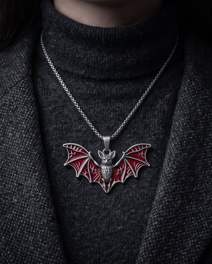 Silver Red Enamel Flying Bat Pendant Necklace