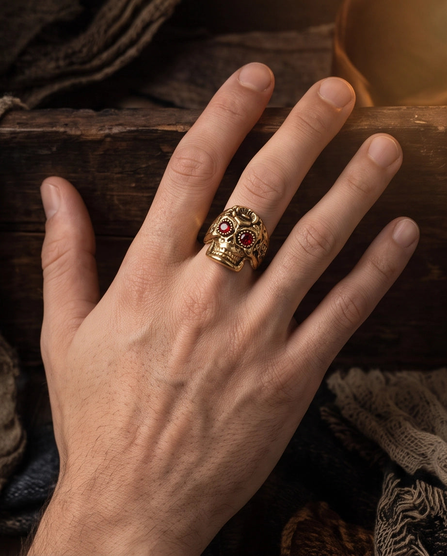 Ruby-Eyed Beaded Bezel Filigree Skull Gold Ring