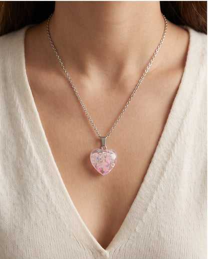 Silver Bubblegum Pink Glitter Heart Resin Pendant Necklace