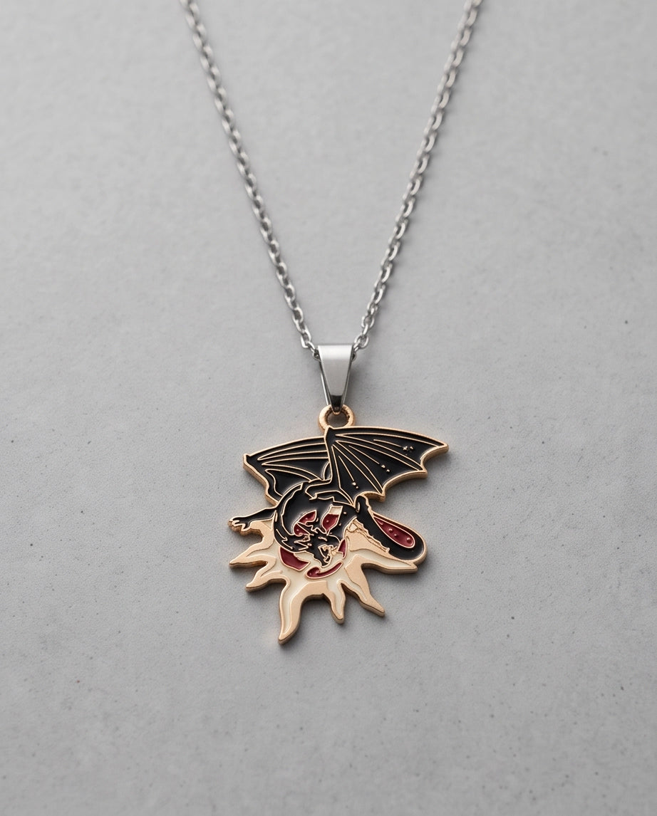 Gold Celestial Sun Dragon Enamel Pendant Necklace