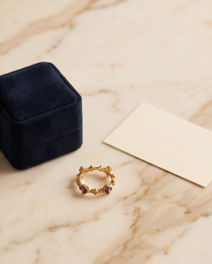 Gold Textured Floral Purple Gemstone Eternity Ring