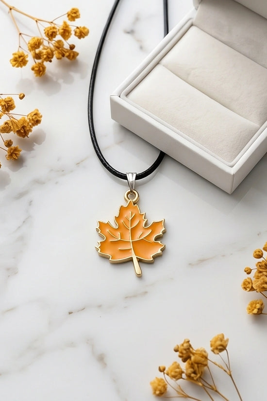 Golden Autumn Maple Leaf Enamel Pendant Necklace
