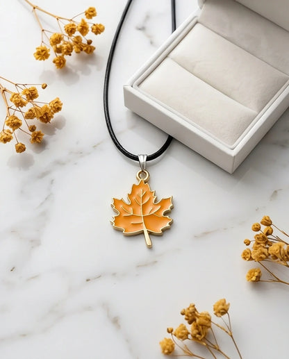 Golden Autumn Maple Leaf Enamel Pendant Necklace
