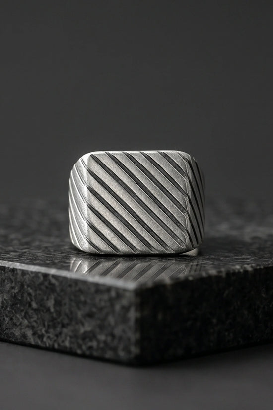 Sterling Silver Diagonal Pinstripe Geometric Signet Ring