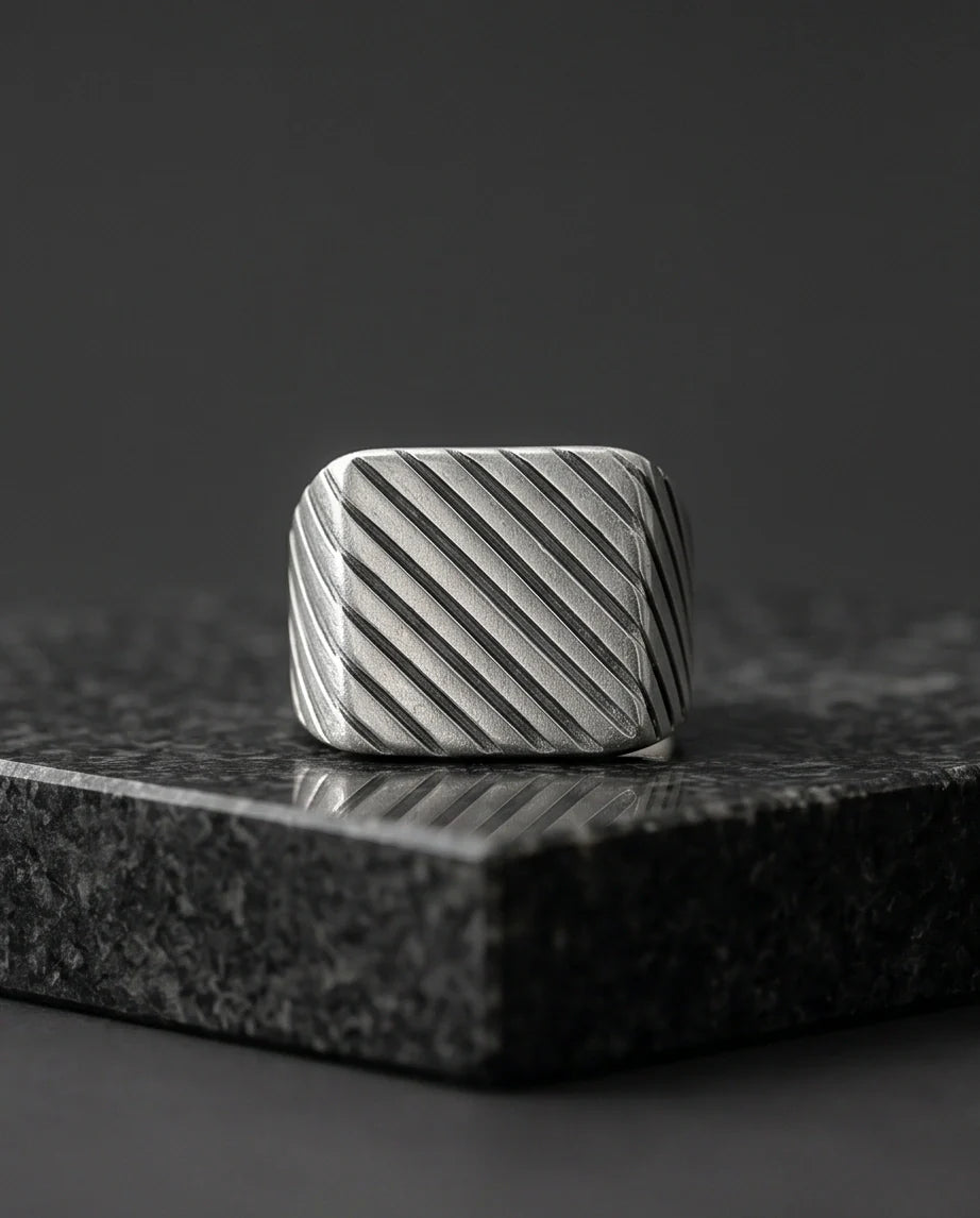 Sterling Silver Diagonal Pinstripe Geometric Signet Ring